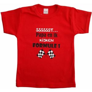 Rood baby t-shirt met ""Sssssst... Papa en ik kijken Formule 1"" - maat 80 - vaderdag, cadeautje, kraamcadeau, grappig, geschenk, baby, tekst