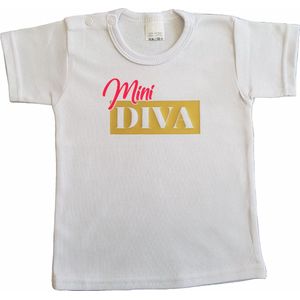 Wit baby t-shirt met "Mini Diva" - maat 68 - babyshower, zwanger, cadeautje, kraamcadeau, grappig, geschenk, baby, tekst