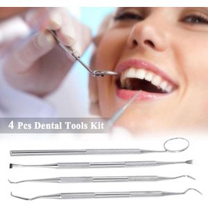 4-delige tandverzorging tandarts set - RVS - Spiegeltje, Tandplakverwijderaar, Schraper en metalen tandenstoker - Perfecte tanden