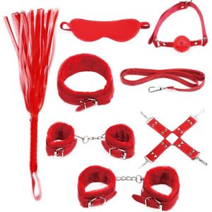 BDSM - Starters kit - Bondage set - Handboeien - Oogmasker - Enkelboeien - Gagball - Zweep - Hogtie - Rood