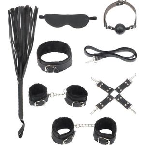 BDSM - Starters kit - Bondage set - Handboeien - Oogmasker - Enkelboeien - Gagball - Zweep - Hogtie - Zwart