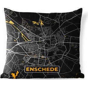 Buitenkussen - Plattegrond - Enschede - Goud - Zwart - 45x45 cm - Weerbestendig - Stadskaart