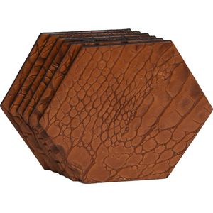 Coaster Queen - Onderzetters - Leer - Croco - Cognac - Hexagon - 6 stuks