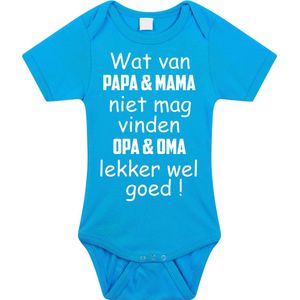 Baby rompertje met leuke tekst | wat van papa mama niet mag vinden opa en oma lekker wel goed |zwangerschap aankondiging | cadeau papa mama opa oma oom tante | kraamcadeau | Maat 56 blauw