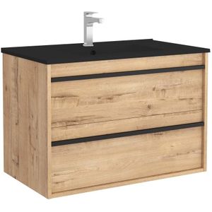 Muebles Resh badkamermeubel eiken 80cm met zwarte wastafel en kraangat