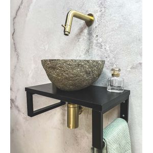 Saniclear Lovi fonteinset met rivierstenen waskom en gouden kraan voor in het toilet