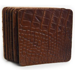 Tannery - Onderzetters - Leer - Croco - Cognac - Vierkant - 6 stuks