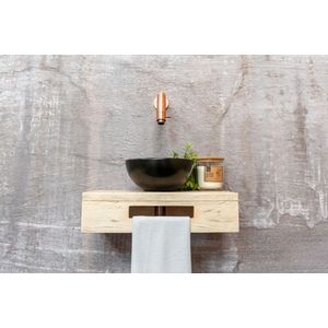 Saniclear Seba fonteinset met eiken plank, zwarte waskom en koperen kraan voor in het toilet