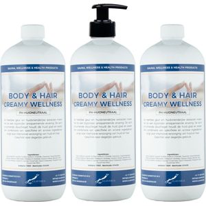 Body & Hair Creamy Wellness - 1 liter - set van 3 stuks - met gratis pomp - 2 in 1 voor lichaam en haar.