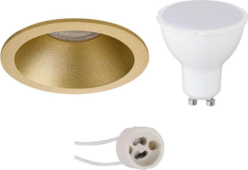 LED Spot Set - Pragmi Pollon Pro - Dimbaar - Mat Goud - GU10 Fitting - 6W - Helder/Koud Wit 6400K - Verdiept - Ø82mm