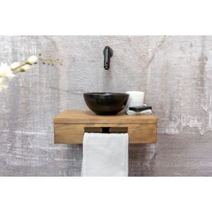 Saniclear Seba fonteinset met bruin eiken plank, zwarte waskom en zwarte kraan voor in het toilet