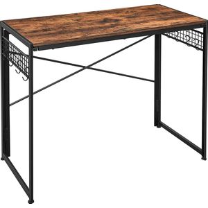 VASAGLE Computerbureau, inklapbaar bureau met 8 haken,100 x 50 x 76.5- werkstation, geen gereedschap nodig, industrieel design, voor thuiskantoor, laptop en PC, vintage bruin-zwart