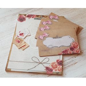 Briefpapier Roosjes - 12 vellen A4 formaat - 6 enveloppen met sluitstickers - Meer Leuks - Postpapier Rozen