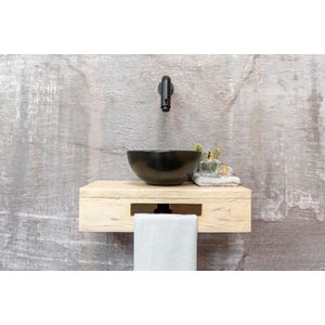 Saniclear Seba fonteinset met eiken plank, zwarte waskom en zwarte kraan voor in het toilet