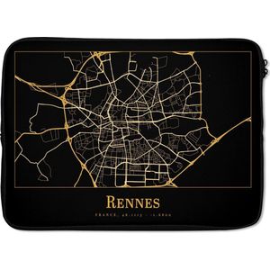 Laptophoes 14 inch - Kaart - Rennes - Frankrijk - Goud - Zwart - Laptop sleeve - Binnenmaat 34x23,5 cm - Zwarte achterkant