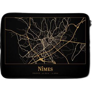 Laptophoes 14 inch - Kaart - Nîmes - Frankrijk - Goud - Zwart - Laptop sleeve - Binnenmaat 34x23,5 cm - Zwarte achterkant