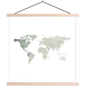 Posterhanger incl. Poster 120x120 cm - Schoolplaat - Wereldkaart - Simpel - Grijs - Textielposter - Blanke latten