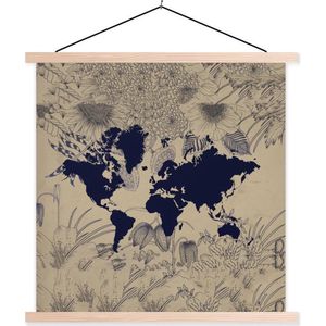 Posterhanger incl. Poster 40x40 cm - Schoolplaat - Wereldkaart - Planten - Paars - Textielposter - Blanke latten