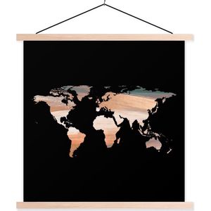Posterhanger incl. Poster 40x40 cm - Schoolplaat - Wereldkaart - Koper - Blauw - Textielposter - Blanke latten