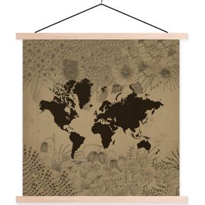 Posterhanger incl. Poster 120x120 cm - Schoolplaat - Wereldkaart - Groen - Planten - Textielposter - Blanke latten