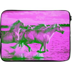 Laptophoes 13 inch - Paarden - Water - Roze - Groen - Meisjes - Kinderen - Meiden - Laptop sleeve - Binnenmaat 32x22,5 cm - Zwarte achterkant