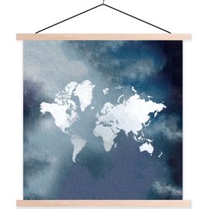 Posterhanger incl. Poster 120x120 cm - Schoolplaat - Wereldkaart - Waterverf - Blauw - Textielposter - Blanke latten
