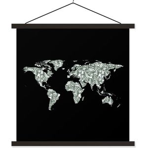 Posterhanger incl. Poster 40x40 cm - Schoolplaat - Wereldkaart - Planten - Zwart - Textielposter - Zwarte latten