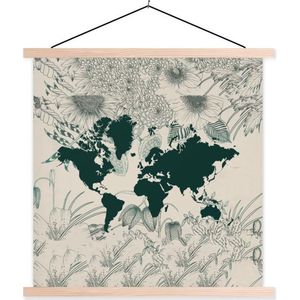 Posterhanger incl. Poster - Schoolplaat - Wereldkaart - Bloemen - Planten - 120x120 cm - Blanke latten