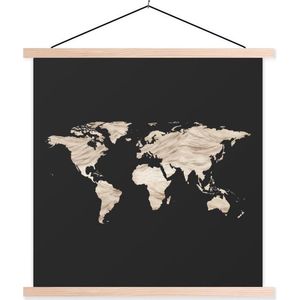 Posterhanger incl. Poster 60x60 cm - Schoolplaat - Wereldkaart - Zwart - Beige - Textielposter - Blanke latten