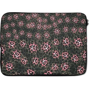 Laptophoes 14 inch - Luipaardprint - Roze - Grijs - Dieren - Laptop sleeve - Binnenmaat 34x23,5 cm - Zwarte achterkant