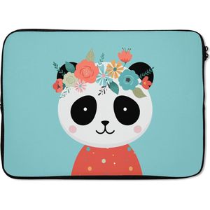 Laptophoes 14 inch - Panda - Bloemenkrans - Blauw - Laptop sleeve - Binnenmaat 34x23,5 cm - Zwarte achterkant