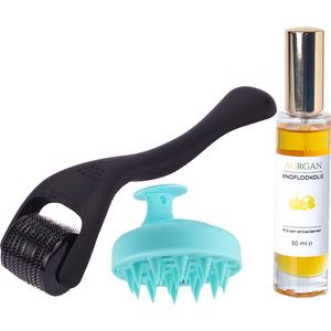 Aurgan Dermaroller & Scalp massager set – met 50ml knoflookolie