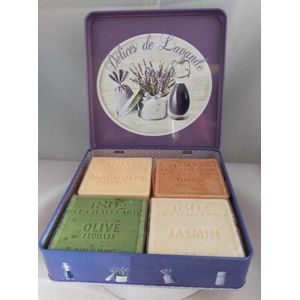 Metalen vierkant zeep blik Délices de Provence met 4 zachte palmolievrije zepen jasmijn-sandal wood-magnolia-olijf - Vintage voorraadblik - Franse handzeep - Marseille zeep Marseillezeep