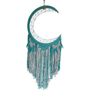 Dromenvanger, dreamcatcher maan, slaapkamerdecoratie lengte 140 cm breedte 50 cm kleur groen turquoise beige wit versierd met kralen.