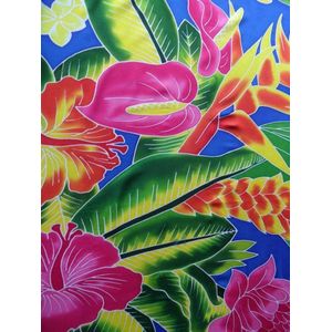 hamamdoek, pareo, sarong, wikkelrok, handgeschilderd figuren bloemen patroon lengte 115 cm breedte 165 kleuren blauw rood roze groen geel wit.