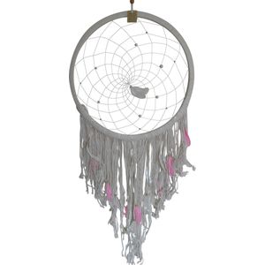 dromenvanger, dreamcatcher, slaapkamerdecoratie lengte 140 cm breedte 53 cm kleur wit roze beige versierd met kralen veren.