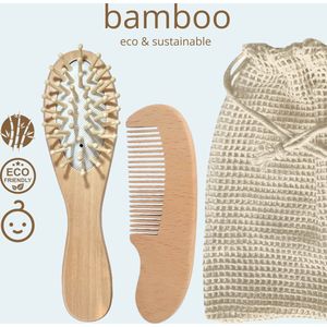 Baby Houten Borstel en Kam - Luxe Verzorgingsset incl. Biokatoenen Opbergzakje - Babystyling - Baby Shower Cadeau - Kraamcadeau