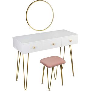 Monkey's Luxe Kaptafel - Make up Tafel Voor Vrouwen - Kinderen - Met Kruk - Wit - Goud - Roze - Kaptafel Met Spiegel - 3 Schuifladen - Kaptafels - 100 x 40 x 79 cm