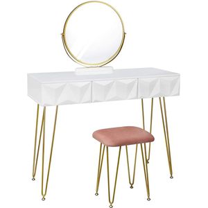 Monkey's Luxe Kaptafel - Make up Tafel Voor Vrouwen - Kinderen - Met Kruk - Wit - Goud - Roze - Kaptafel Met Spiegel - 3 Schuifladen - 3D Effect Lade - Kaptafels - 100 x 40 x 79cm