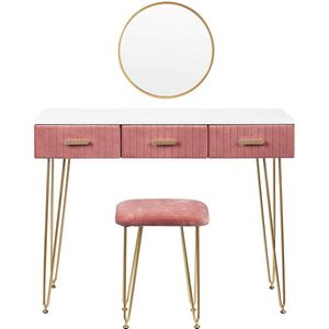 Monkey's Luxe Kaptafel - Kaptafel met Spiegel - Met Kruk - Gestoffeerd - Fluweel - Roze - Kaptafel Voor Vrouwen - 100 x 40 x 78