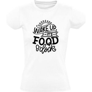 Wake up its food o clock Dames t-shirt | wekker | eten | wakker worden | grappig | cadeau | Wit