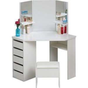 Monkey's Kaptafel - Make up Tafel Voor Vrouwen - Kinderen - Hoek Gebogen - Met Bank - 3 Spiegels - 5 Lades - Wit - Commode - Kaptafel Met Spiegel - 110 x 54 x 142 cm