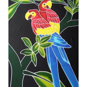 hamamdoek, pareo, sarong, wikkeljurk handbeschilderd figuren bloemen papegaaien patroon lengte 115 cm breedte 165 kleuren rood blauw zwart groen geel oranje.
