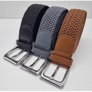 3 pack deal - Elastische broekriem Stretch riem Vlecht riem Gevlochten riem Elastiek riem - unisex - Kleur 1-Bruin 2-Grijs 3-Zwart