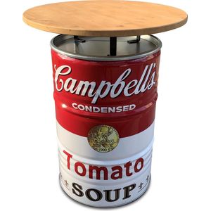Barrelkings statafel- bartafel- hangtafel met houten blad- Andy Warhol Campbell's Soup tomato soup- industrieel retro- 200 l olievat- vuurton 80x105 cm