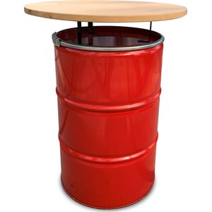 Barrelkings industrieel statafel- bar tafel- hangtafel met gelakte houtenblad- rood 200 l metalen olievat- vuurton 80 cm/ 105 cm