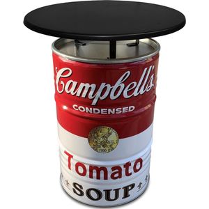Barrelkings Andy Warhol Campbell soup design 200 liter olievat Statafel| Bartafel| Hangtafel| Retro| Industrieel design inclusief zwart tafelblad| 80x105 cm