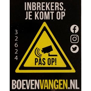 Boevenvangen.nl concept online platform beveiligingssticker- beveiligingscamera buiten en binnen bewaking, alarm, anti diefstal preventie,