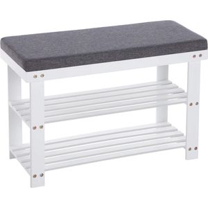 SONGMICS Schoenenbank van bamboe, schoenenrek met 2 planken, zitbank, voor hal, woonkamer, zitvlak tot 150 kg belastbaar, 71 x 29 x 49 cm, wit-grijs LBS604W01