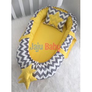 SNS Baby - Babynestje en Hoofdkussen - Organische Katoen - Antibacterieel Babynestje - Anti-Allergisch Babynestje - Grijze Zigzag - Orthopedisch - 74 x 40 cm